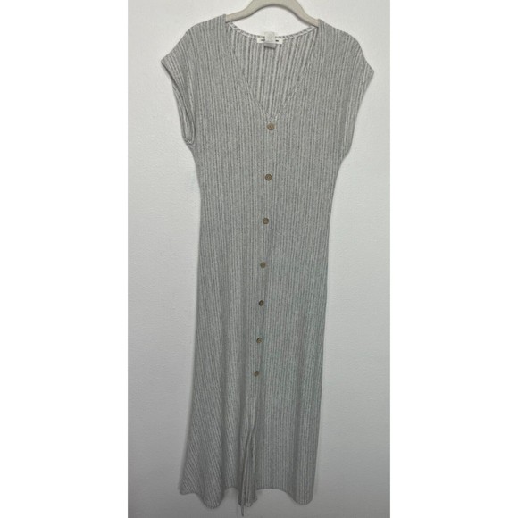 Caution To The Wind Small Striped Maxi Knit Dress Gray Button Front V-Neck New - Picture 1 of 7